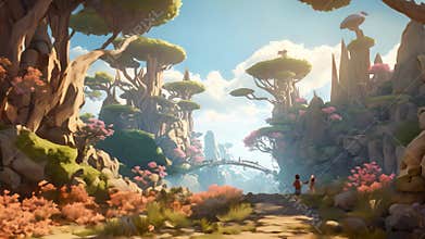 3D render of a beautiful fantasy landscape with a path leading to the garden, Fantasy Landscape Game Ar, AI Generated