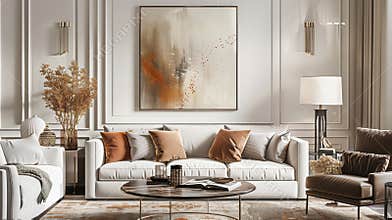 A cozy living room with couch, chair, coffee table, and painting on the wall