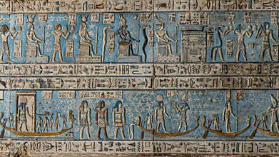 Ancient Egyptian hieroglyphs and bas-reliefs close-up in Dendera temple or Temple of Hathor. Egypt. Dendera Temple
