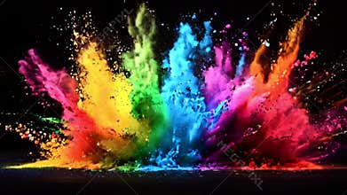 Colorful powder explosion in vibrant spectrum of rainbow colors on black background. Holi festival banner