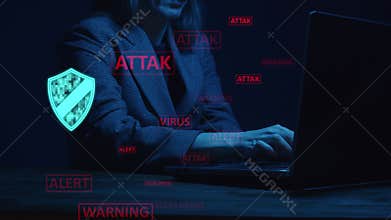 Cg footage about protection against cyber attacks. During hacking and attacks, a lady working on a laptop touches the