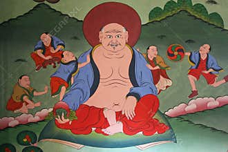 mural painting in a monastery (zangdopelri lhakhang) in thimphu (bhutan)