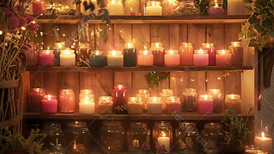 A cozy corner of the boutique filled with shelves of different sized mason jars each holding a different colored and
