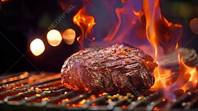 Grilled beef steak on the grill with flames and bokeh background, Grilled steak on barbecue grill with flames and bokeh background