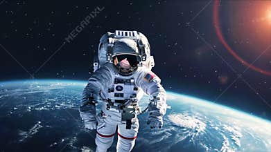 Generative ai on theme of astronaut flying in zero gravity against starry sky in deep dark space