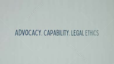 Advocacy. Capability. Legal Ethics inscription on white paper sheet background. Graphic presentation. Legal concept