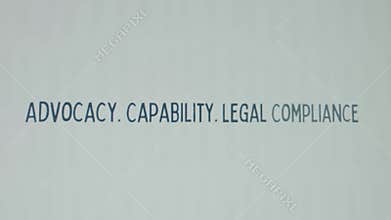 Advocacy. Capability. Legal Compliance inscription on white paper sheet background. Graphic presentation with words