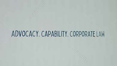Advocacy. Capability. Corporate Law inscription on white background. Graphic presentation with words appearing one by