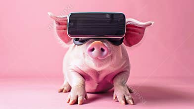 A pig wearing a pair of virtual reality glasses on its head, AI