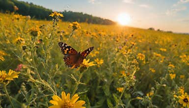 Butterfly in Golden Field at Sunset