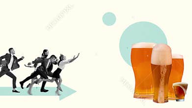 Stop motion, animation. Creative design. Group of business people running to big foamy beer glass. Friday chill