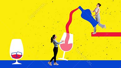 Stop motion, animation. Inspiration, idea, trendy urban magazine style. Young girls making cocktail for alcohol party