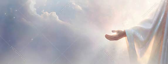 Ethereal figure Jesus Christ extends his hand to all those in need. Divine presence, the scene radiates peacefulness and