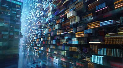 AI Ethics and Governance. Floating books on AI governance in an ethereal digital library