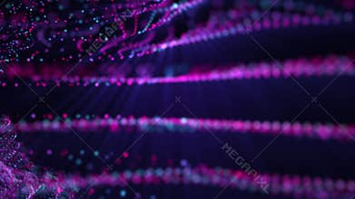 Dynamic waves of colorful particles smoothly moving on a dark background with shine effect
