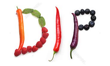 letters D I P from purple orange chili peppers, red berry and green salad lettuce leaf vegetable dip