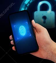 Safe and Secure Biometric through Mobile concept backdrop with hand and lock. Thumbprint glowing on mobile screen, background