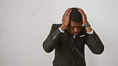 African american man, stressed and suffering in pain, shows aching face, stands isolated on white background. headache, migraine