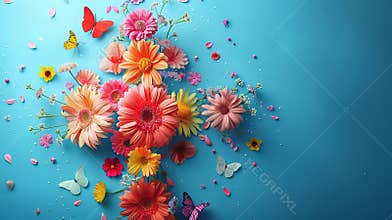 Vivid floral cross composed of vivid blossoms and butterflies on a bright blue backdrop. Concept of Easter, greetings