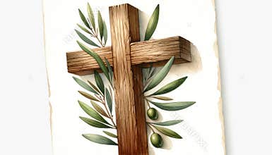 Olive branch interwoven with a wooden cross,