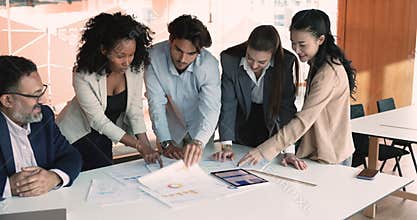 Professional team review charts, graphs and diagrams, learn infographic data