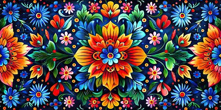 illustration of a cartoon traditional folk art colored mexican a variety of flowers, banner