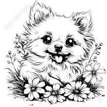 A drawing of a dog with flowers and a butterfly, coloring book for kids.