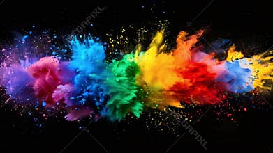 Colorful powder particles explosion in vibrant spectrum of rainbow colors on black background. Holi festival banner