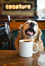 an elegant Golden Retriever wearing black glasses and a hoodie, sitting at a table in a coffee shop with a latte on it