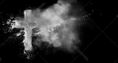 Ashes crucifix cross with smoke motion on black background. Religious symbol