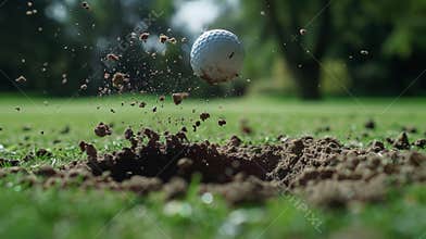 A closeup of a divot being lifted from the ground by a powerful swing