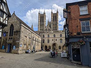 Exchequer Square in the centre of Lincoln, England, looking towards Lincoln Cathedral.