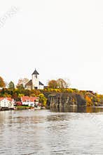 Brevik church and community, Sunny autumn day in Norway