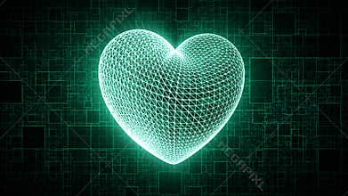 Heart shaped digital hologram with bright shiny rays on a vibrant curcuit pattern background