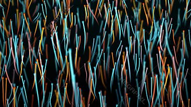 Surreal blue and orange curvy lines floating up on a dark background with soft glow and underwater effect