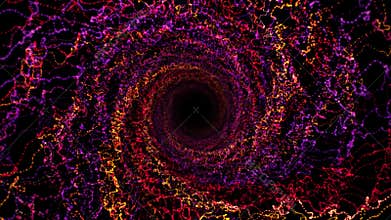 Vibrant and colorful swirl made of bright particle waves spreading on a black background