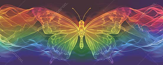 Colorful butterfly with rainbow wings in abstract digital art, vibrant hues and symmetrical design