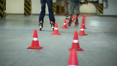 Videographer with action camera shooting man