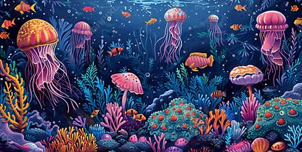 Detailed drawing of marine creatures, featuring a school of fish, jellyfish, and underwater plants, creating a lively