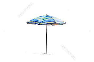 Striped beach umbrella standing on white sand, isolated against a white background.