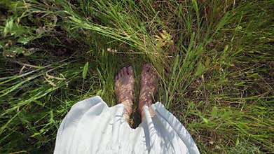 Barefoot female feet standing on the grass.