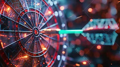 A dart in mid-air makes contact with a target board center, illustrating precision and accuracy.