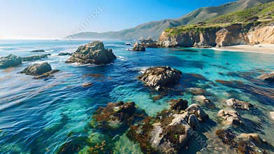 Generative AI Garrapata Beach with nobody by the sea of clear blue water in a bay surrounded by rocky cliffs and m