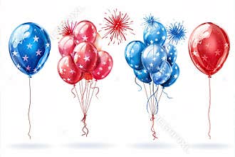 Red And Blue Star Balloons With Fireworks For A Festive Celebration