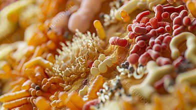 A microscopic view of the highly diverse and specialized gut bacteria working together to maintain a healthy gut