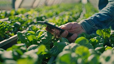 A farmer checking their smartphone app for AIgenerated yield projections for their greenhouse produce