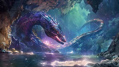 Nestled in a hidden cove a sleek and deadly sea serpent basks in the warm waters. Its iridescent scales glimmer in the