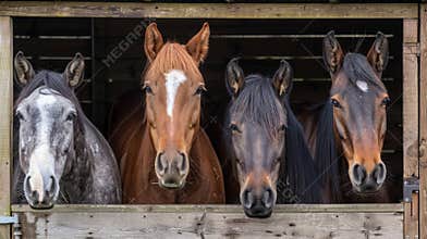 Multiple diverse horses looking out from a stable. Concept of equestrian, animals, stables, ranch life, farm