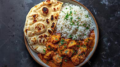 Delicious Indian Chicken Curry with Rice and Naan Bread