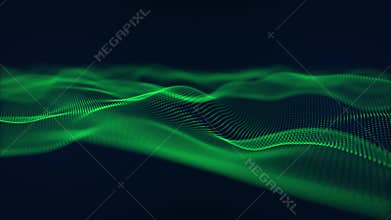 Looped background with green particle waves smoothly floating on a dark blue background with soft glow effect